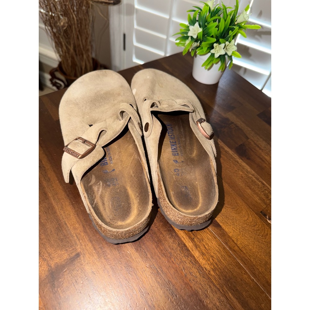 Birkenstock Boston Suede Clogs Taupe Tan Buckle Slip On Shoes Mens 7 Womens 9 40 - Picture 7 of 10